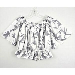 She + Sky Ruffle Off-the-shoulder Short Sleeve Cropped Top Floral Black White L